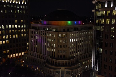City Hall building lighting in rainbow colors
