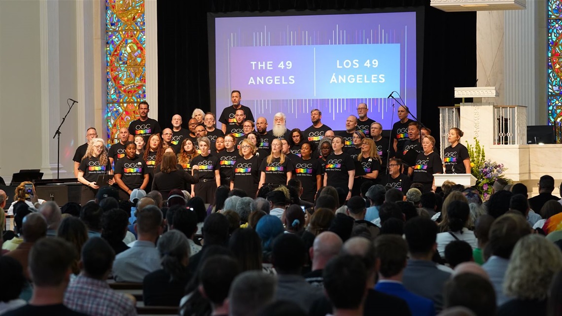 The Orlando Gay Chorus performing in front of an audience at the First United Methodist Church at the 2025 Pulse Remembrance Ceremony.