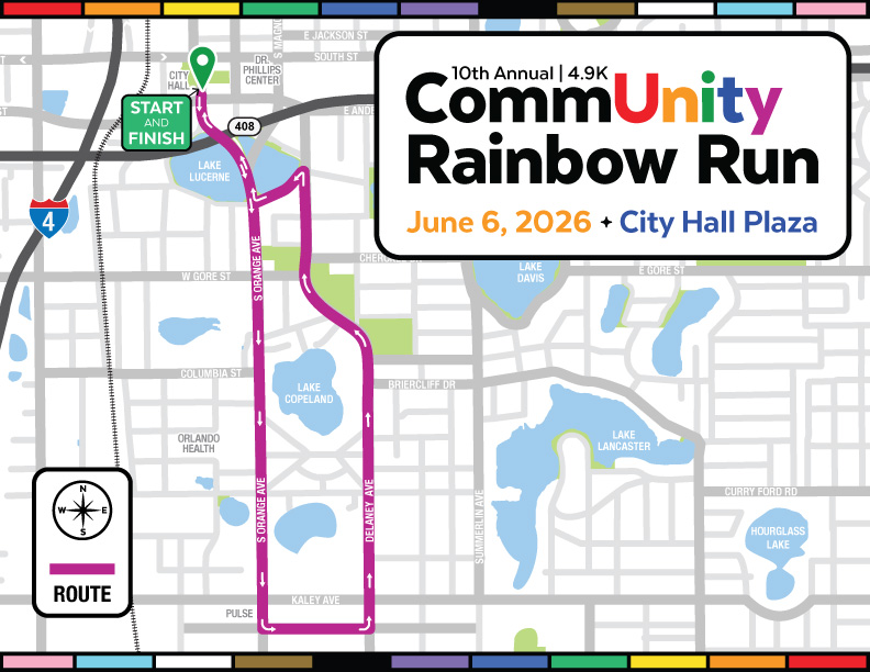 Starting at Orlando City Hall, the route takes participants south on Orange Avenue and past the Orlando Health campus. After continuing south to the Pulse site, runners will travel east on Esther Street to Delaney Avenue. From there, they will head north on Delaney Avenue to Lucerne Circle, where they will return to Orange Avenue, completing the 4.9k event at the finish line at City Hall.