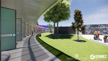 Ground-level rendering of a memorial walkway lined with tall panels and sheltered by a curved canopy. The path runs alongside a grassy area with trees and seating, and a large engraved black wall is visible in the background.