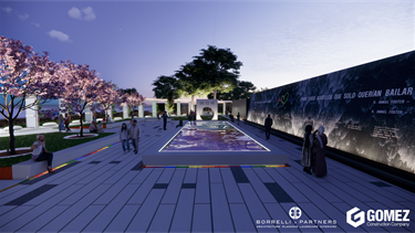 Evening rendering of a memorial plaza illuminated with soft lighting. Visitors walk around a glowing rectangular installation in the center, surrounded by flowering trees and a long black wall inscribed with text and artwork.
