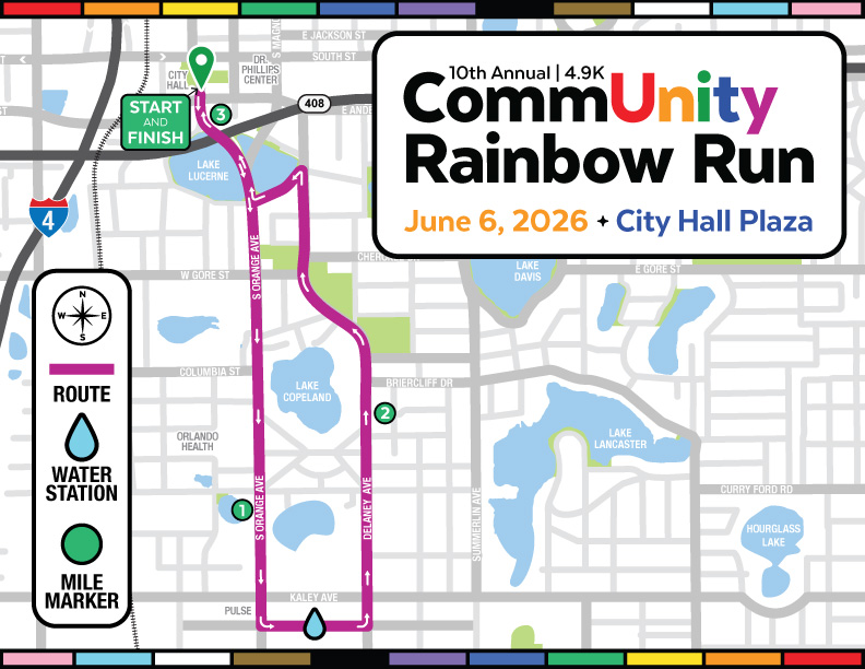 Starting at Orlando City Hall, the route takes participants south on Orange Avenue and past the Orlando Health campus. After continuing south to the Pulse site, runners will travel east on Esther Street to Delaney Avenue. From there, they will head north on Delaney Avenue to Lucerne Circle, where they will return to Orange Avenue, completing the 4.9k event at the finish line at City Hall.