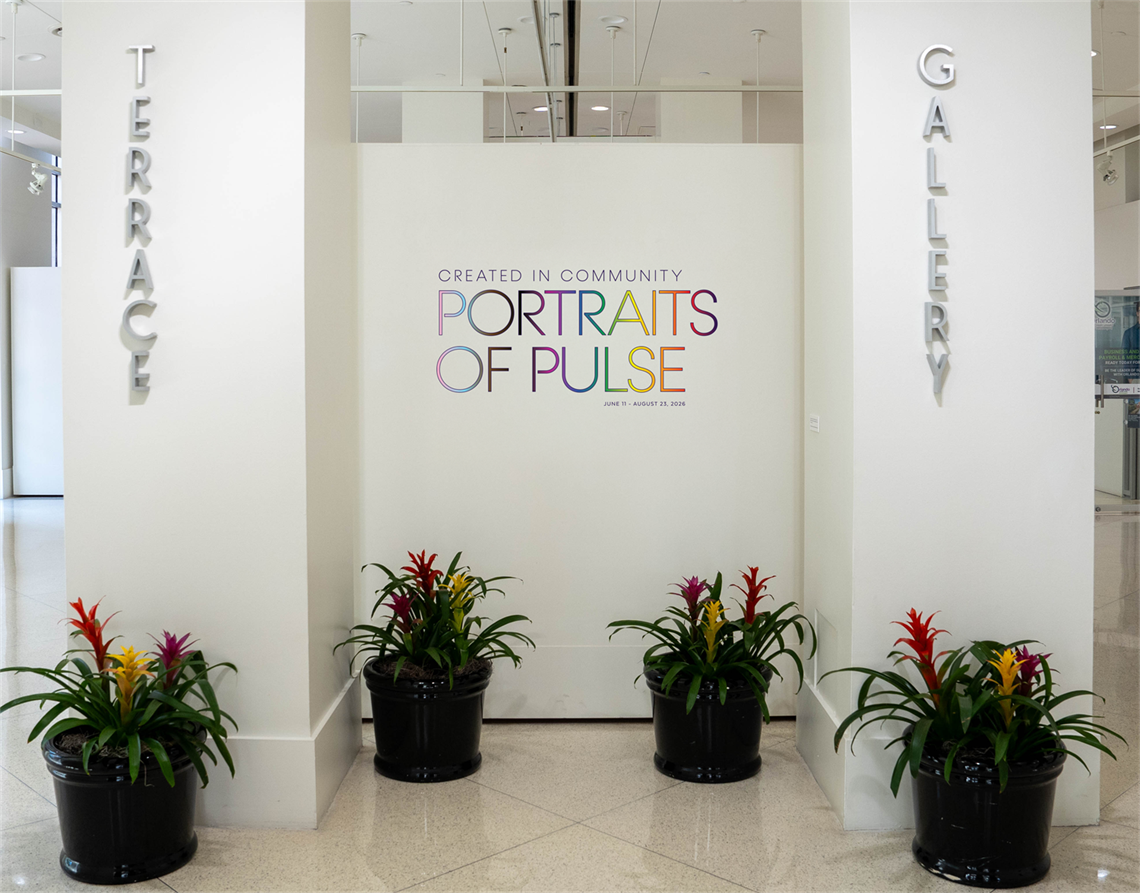 Rendering of the Created in Community: Portraits of Pulse art exhibit, showing the entrance of the Terrace Gallery with the title of the exhibit on the front wall and four plants around it.